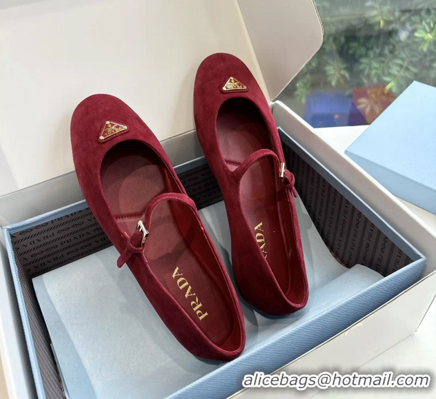 Good Quality Prada Embellished Mary Jane Suede Leather Ballet Flats 6050702 Red