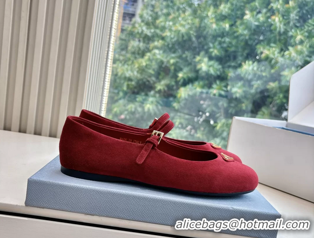 Good Quality Prada Embellished Mary Jane Suede Leather Ballet Flats 6050702 Red