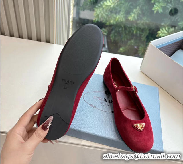 Good Quality Prada Embellished Mary Jane Suede Leather Ballet Flats 6050702 Red