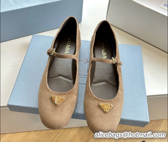 Cheap Prada Embellished Mary Jane Suede Leather Ballet Flats 6050702 Light Gray