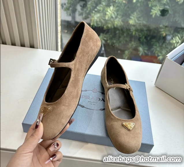 Cheap Prada Embellished Mary Jane Suede Leather Ballet Flats 6050702 Light Gray