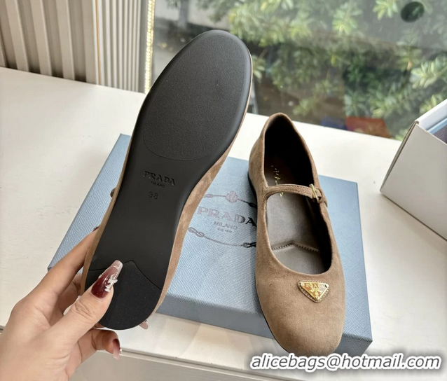 Cheap Prada Embellished Mary Jane Suede Leather Ballet Flats 6050702 Light Gray