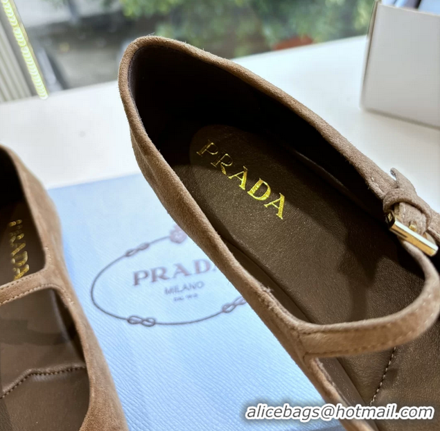 Cheap Prada Embellished Mary Jane Suede Leather Ballet Flats 6050702 Light Gray