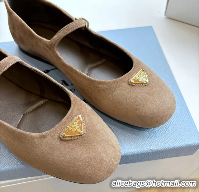 Cheap Prada Embellished Mary Jane Suede Leather Ballet Flats 6050702 Light Gray