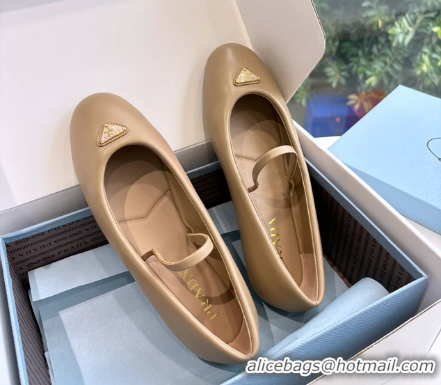 Durable Prada Embellished Mary Jane Suede Leather Ballet Flats 6050702 Light Beige
