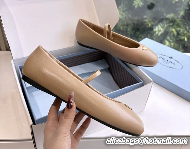 Durable Prada Embellished Mary Jane Suede Leather Ballet Flats 6050702 Light Beige