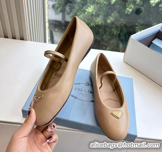Durable Prada Embellished Mary Jane Suede Leather Ballet Flats 6050702 Light Beige