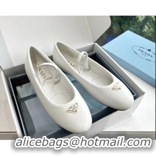 Grade Quality Prada Embellished Mary Jane Leather Ballet Flats 6050703 White