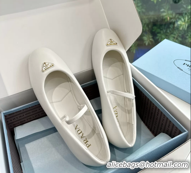 Grade Quality Prada Embellished Mary Jane Leather Ballet Flats 6050703 White