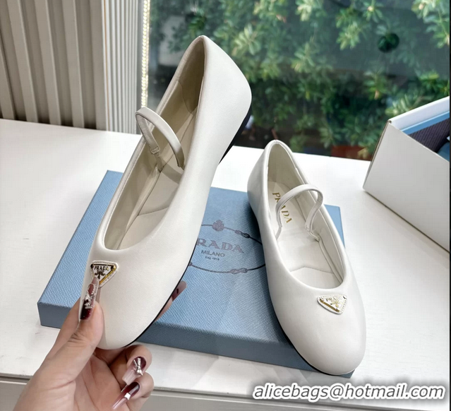 Grade Quality Prada Embellished Mary Jane Leather Ballet Flats 6050703 White