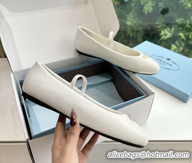 Grade Quality Prada Embellished Mary Jane Leather Ballet Flats 6050703 White