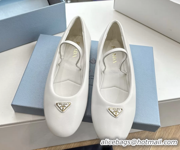 Grade Quality Prada Embellished Mary Jane Leather Ballet Flats 6050703 White