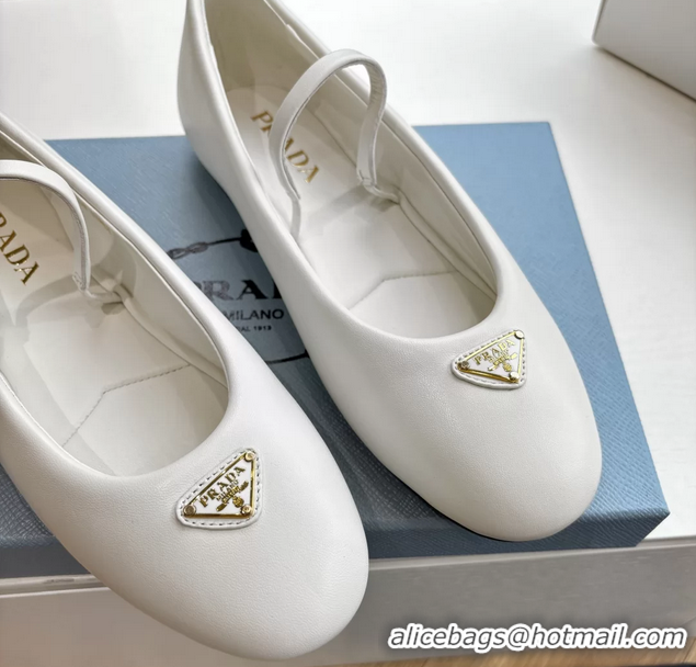 Grade Quality Prada Embellished Mary Jane Leather Ballet Flats 6050703 White