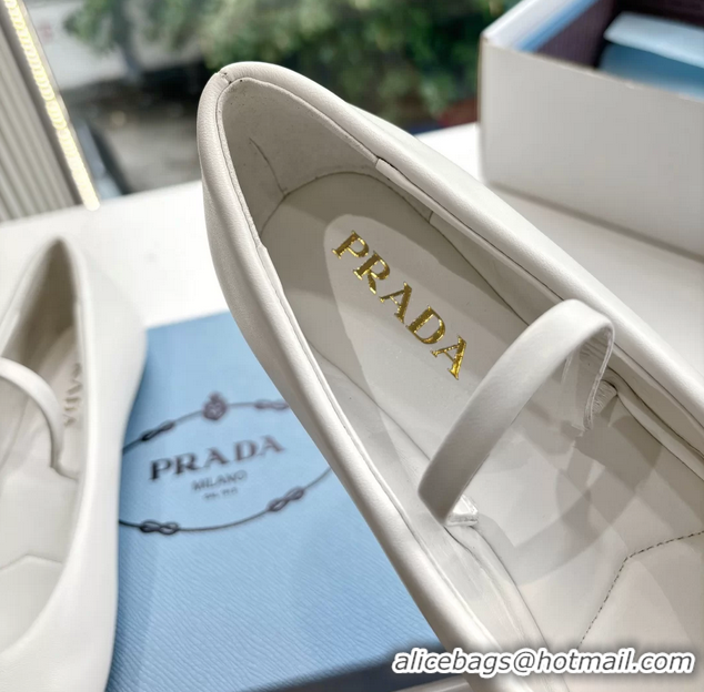 Grade Quality Prada Embellished Mary Jane Leather Ballet Flats 6050703 White