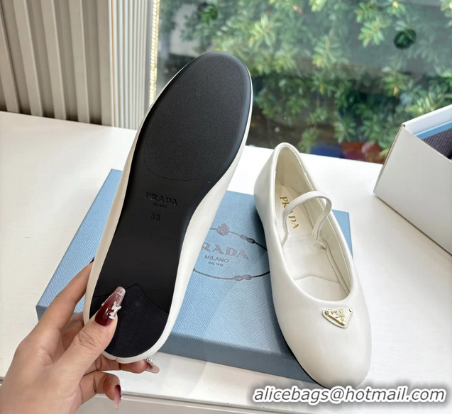 Grade Quality Prada Embellished Mary Jane Leather Ballet Flats 6050703 White