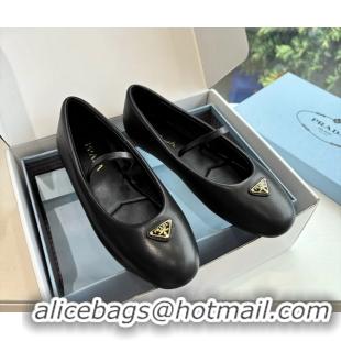 Top Grade Prada Embellished Mary Jane Leather Ballet Flats 6050703 Black