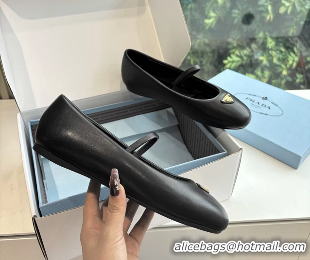 Top Grade Prada Embellished Mary Jane Leather Ballet Flats 6050703 Black