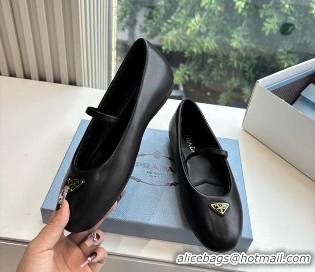 Top Grade Prada Embellished Mary Jane Leather Ballet Flats 6050703 Black