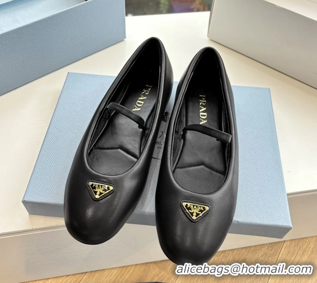 Top Grade Prada Embellished Mary Jane Leather Ballet Flats 6050703 Black