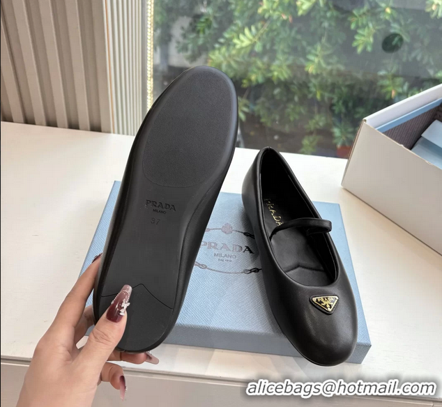 Top Grade Prada Embellished Mary Jane Leather Ballet Flats 6050703 Black