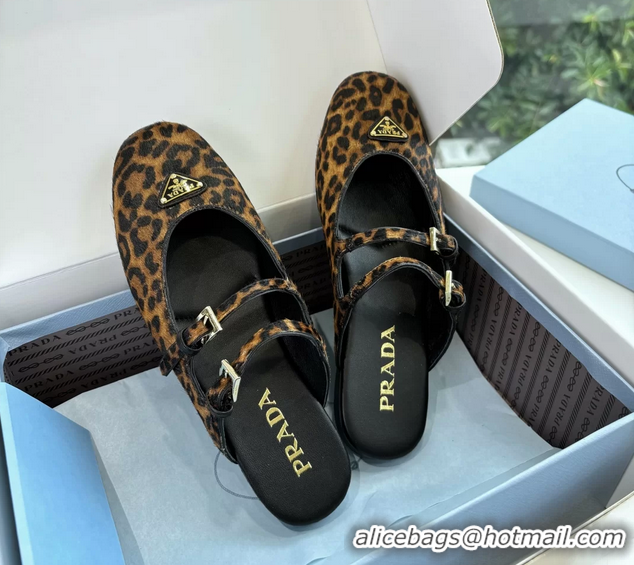 Hot Style Prada Leopard Print Pony Hair Dual Mary Jane Ballet Flat Mules 6050704 Brown