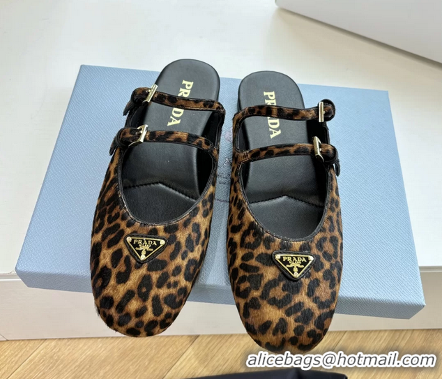 Hot Style Prada Leopard Print Pony Hair Dual Mary Jane Ballet Flat Mules 6050704 Brown