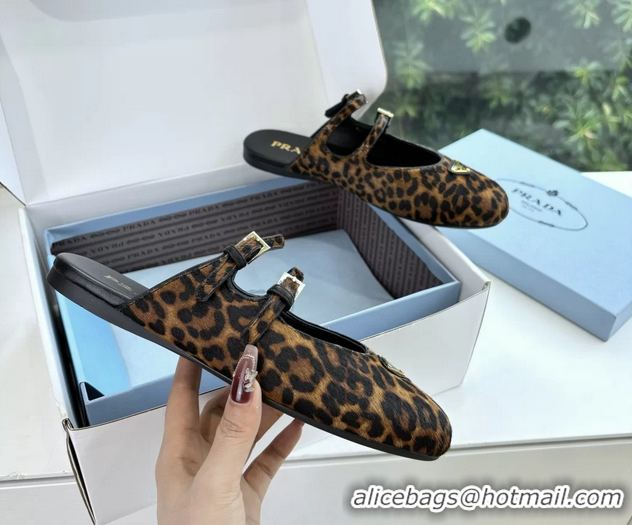 Hot Style Prada Leopard Print Pony Hair Dual Mary Jane Ballet Flat Mules 6050704 Brown