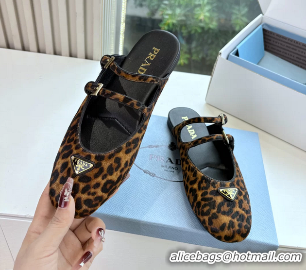 Hot Style Prada Leopard Print Pony Hair Dual Mary Jane Ballet Flat Mules 6050704 Brown