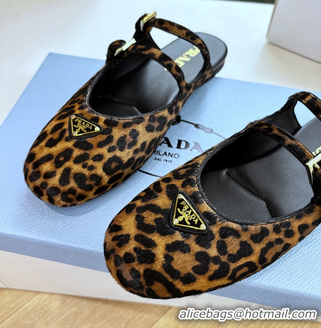 Hot Style Prada Leopard Print Pony Hair Dual Mary Jane Ballet Flat Mules 6050704 Brown