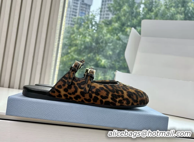 Hot Style Prada Leopard Print Pony Hair Dual Mary Jane Ballet Flat Mules 6050704 Brown