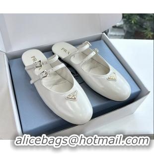 Good Looking Prada White Shiny Calfskin Leather Mary Jane Ballet Flat Mules 6050801 White
