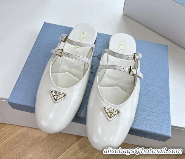 Good Looking Prada White Shiny Calfskin Leather Mary Jane Ballet Flat Mules 6050801 White