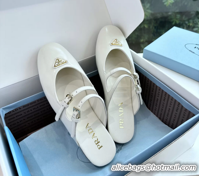 Good Looking Prada White Shiny Calfskin Leather Mary Jane Ballet Flat Mules 6050801 White