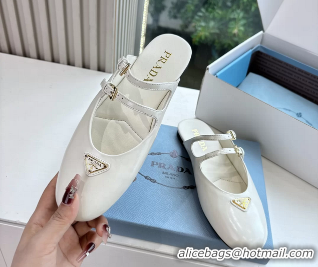Good Looking Prada White Shiny Calfskin Leather Mary Jane Ballet Flat Mules 6050801 White
