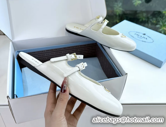 Good Looking Prada White Shiny Calfskin Leather Mary Jane Ballet Flat Mules 6050801 White