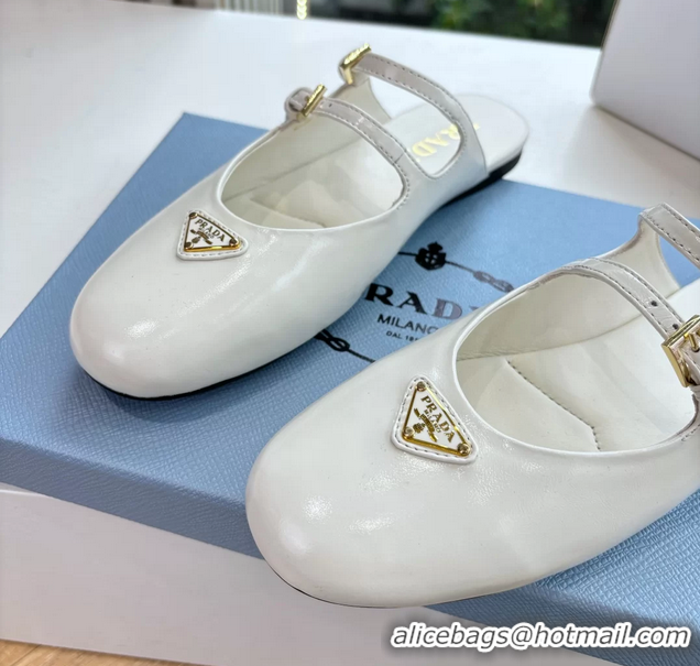 Good Looking Prada White Shiny Calfskin Leather Mary Jane Ballet Flat Mules 6050801 White