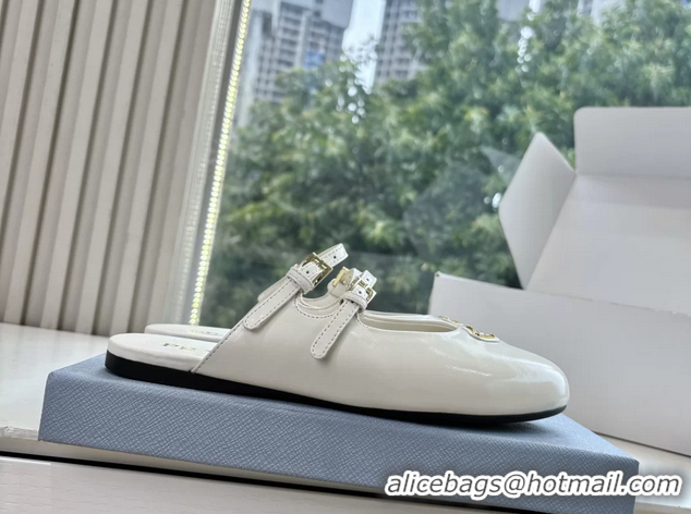Good Looking Prada White Shiny Calfskin Leather Mary Jane Ballet Flat Mules 6050801 White