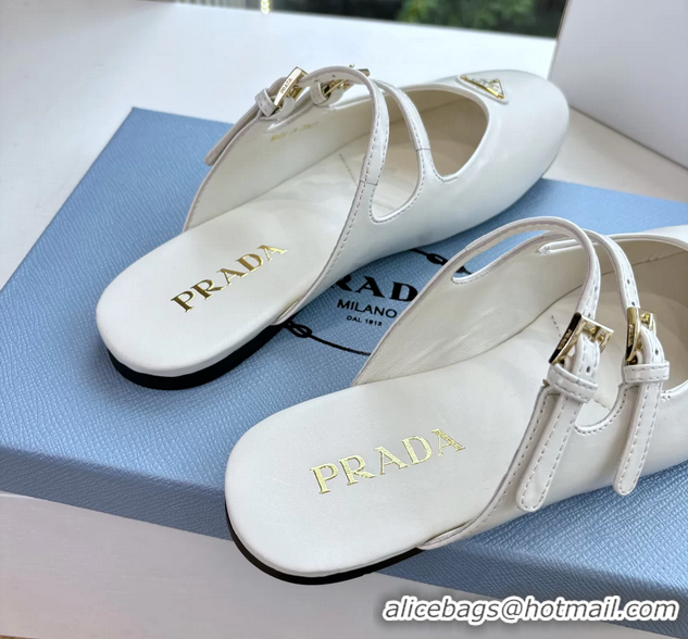Good Looking Prada White Shiny Calfskin Leather Mary Jane Ballet Flat Mules 6050801 White