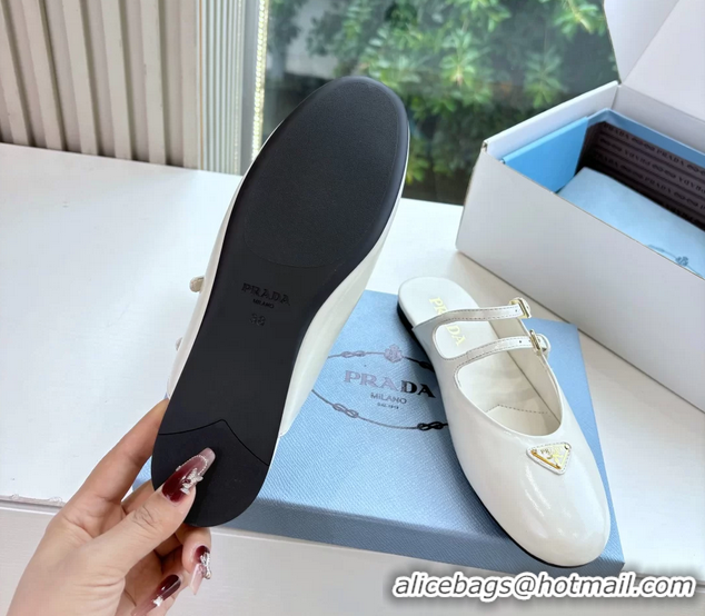 Good Looking Prada White Shiny Calfskin Leather Mary Jane Ballet Flat Mules 6050801 White