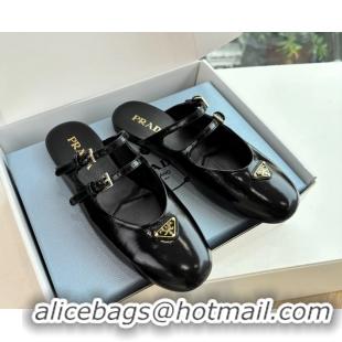 Top Grade Prada Black Shiny Calfskin Leather Mary Jane Ballet Flat Mules 6050801 Black