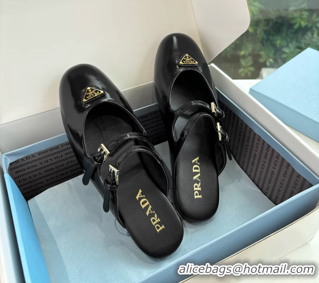 Top Grade Prada Black Shiny Calfskin Leather Mary Jane Ballet Flat Mules 6050801 Black