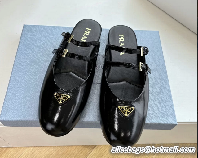 Top Grade Prada Black Shiny Calfskin Leather Mary Jane Ballet Flat Mules 6050801 Black
