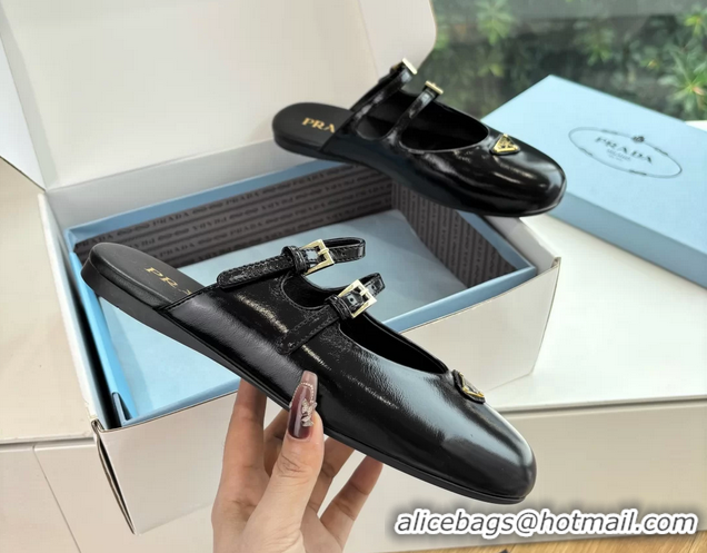Top Grade Prada Black Shiny Calfskin Leather Mary Jane Ballet Flat Mules 6050801 Black