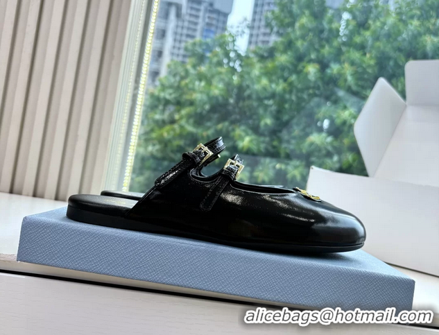 Top Grade Prada Black Shiny Calfskin Leather Mary Jane Ballet Flat Mules 6050801 Black