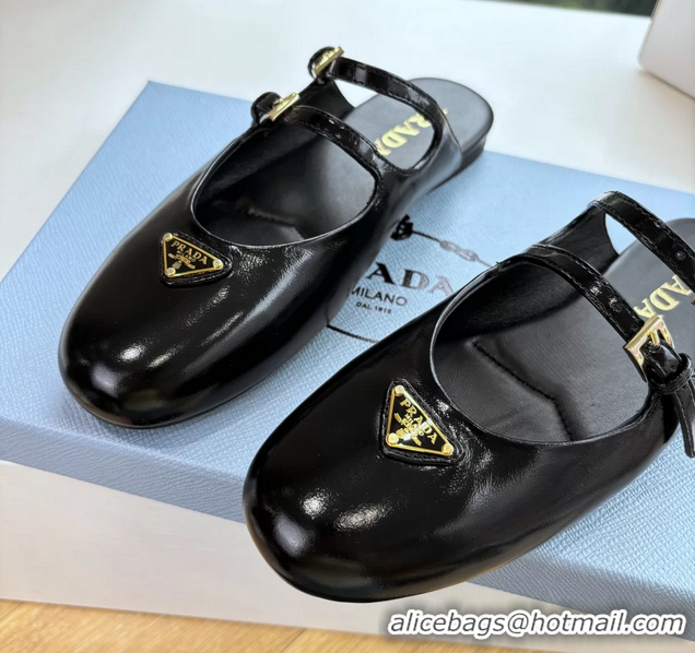 Top Grade Prada Black Shiny Calfskin Leather Mary Jane Ballet Flat Mules 6050801 Black