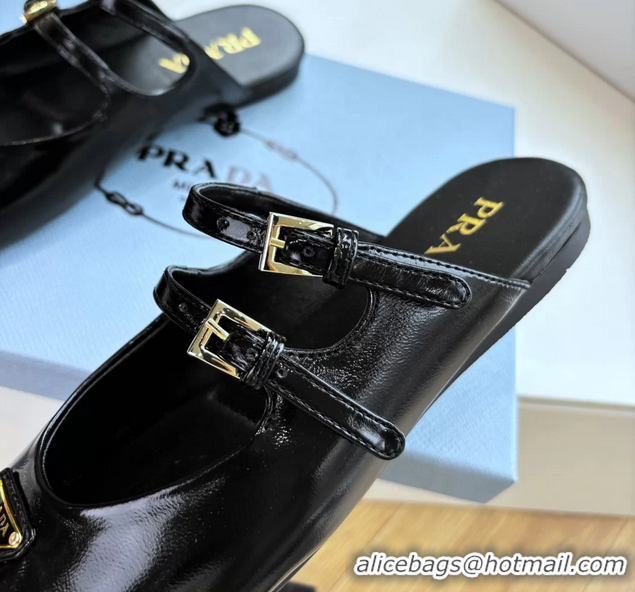 Top Grade Prada Black Shiny Calfskin Leather Mary Jane Ballet Flat Mules 6050801 Black