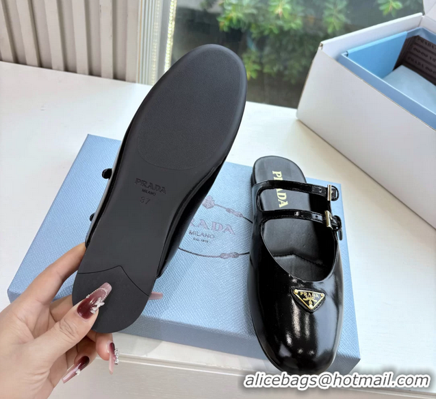 Top Grade Prada Black Shiny Calfskin Leather Mary Jane Ballet Flat Mules 6050801 Black