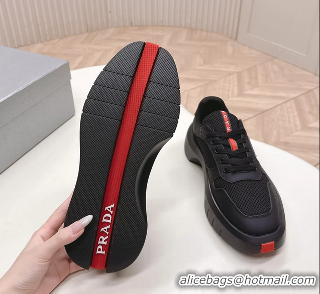 Discount Prada Americas Cup Re Nylon and Biker Fabric Sneakers 6050802 Black