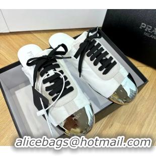 Hot Style Prada Collapse White Suede Leather and Re Nylon Open Back Sneakers with Metal Toecap 6050803 White