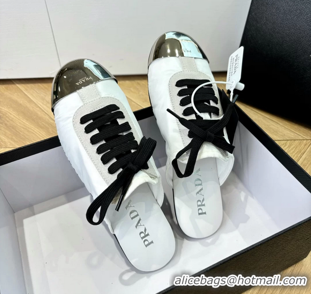Hot Style Prada Collapse White Suede Leather and Re Nylon Open Back Sneakers with Metal Toecap 6050803 White